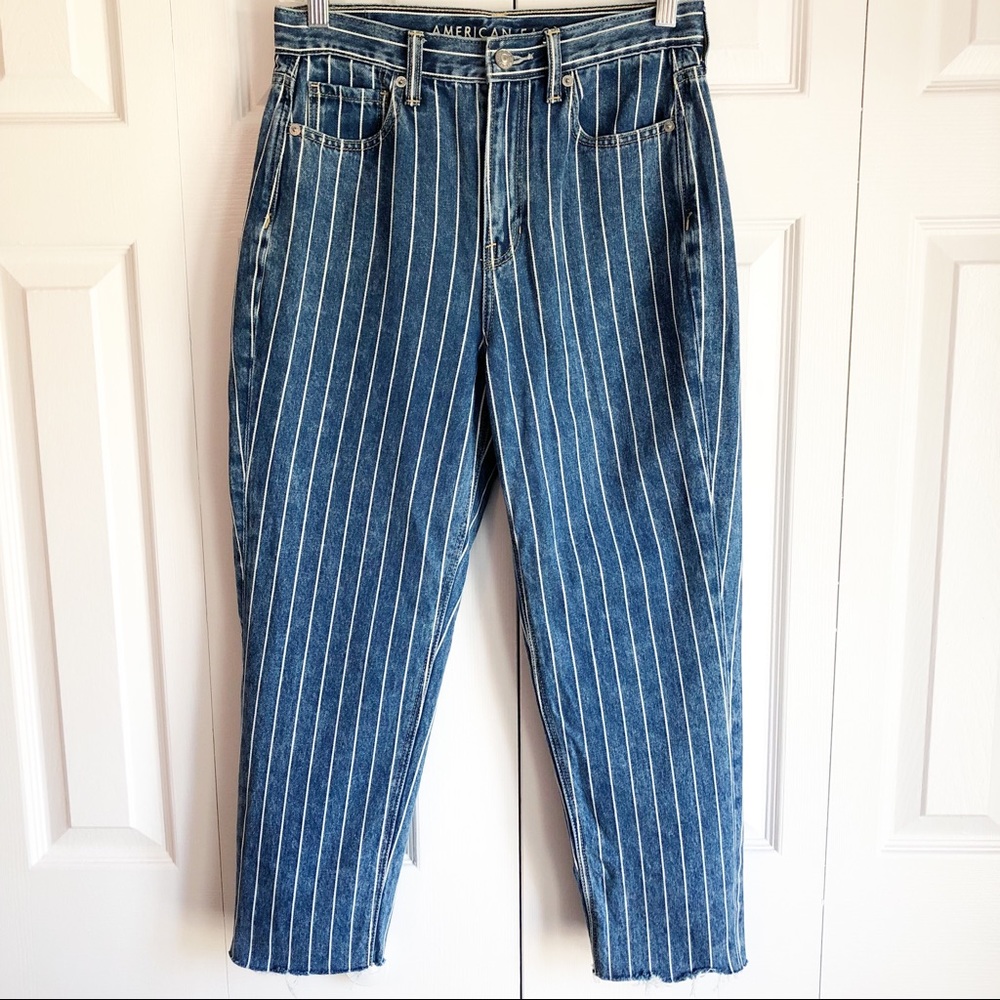 American Eagle Blue Stripe Denim Cropped High Rise Mom Jeans 2